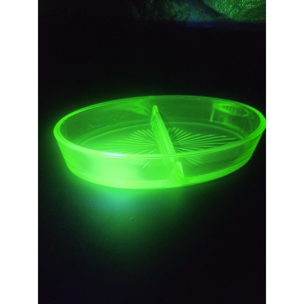Vintage Uranium Glass Divided Relish Nut Candy Dish Oval Green Depression Glass